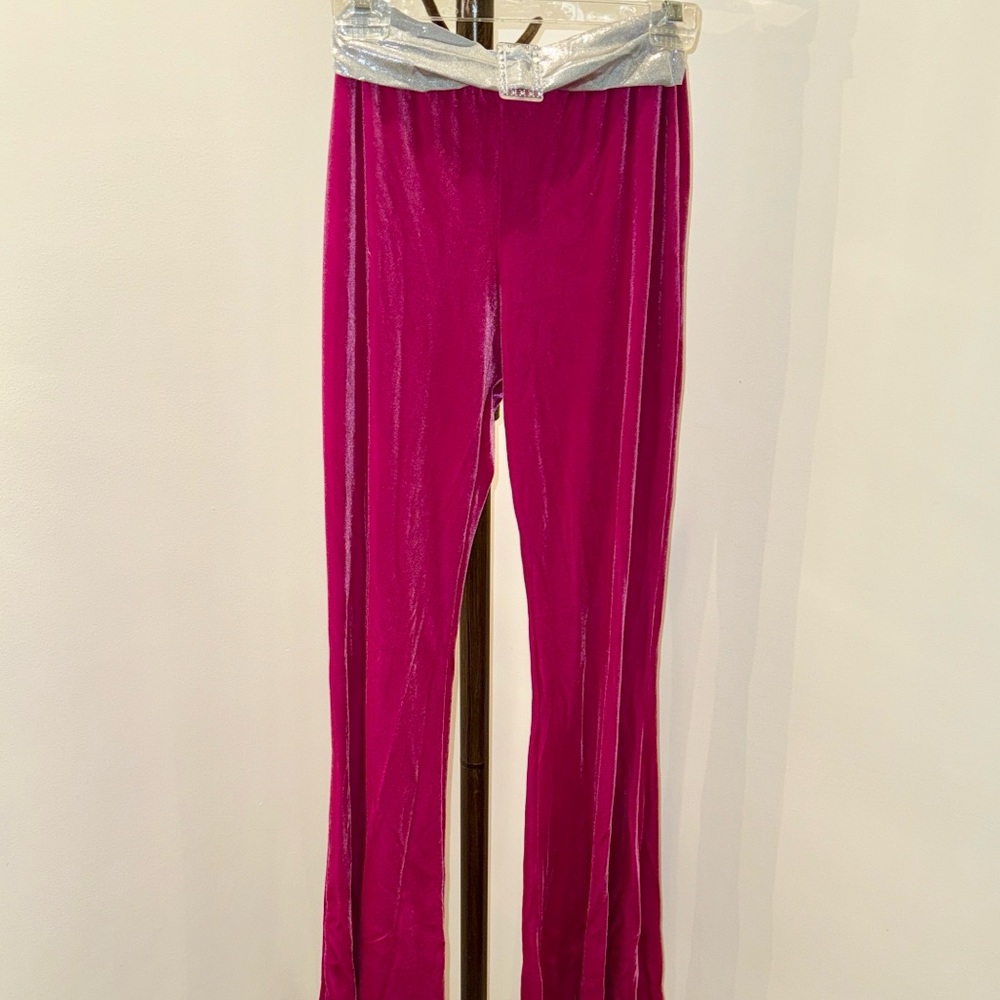 Pink Velour Lounge Dance Yoga Pants with silver waistband and bling buckle!